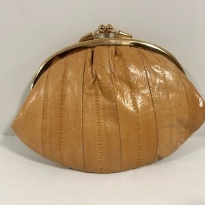 Vintage Genuine Eel Skin Coin Purse Kiss Lock Clutch Tan Eel Leather Made Korea